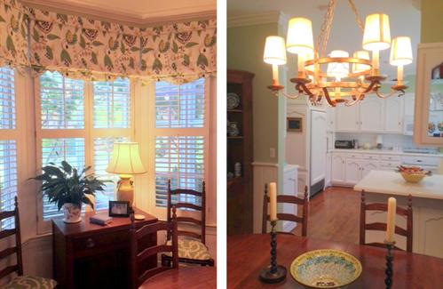A new chandelier in the breakfast room is a welcome update, while roman shade valances add decoration to the bay window area.